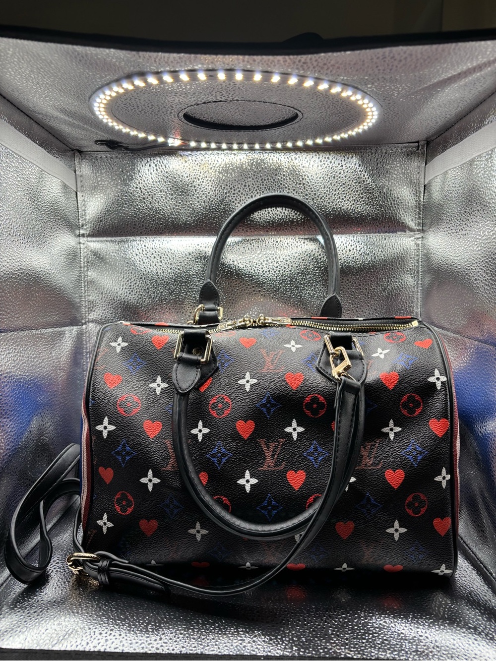 Source Unknown Black Satchel with Red Hearts and Blue & White Monogram Accents